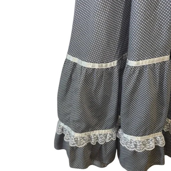 Gunne Sax Gold Tag Vintage 70s Grey White Polka Dot Lace Up  Prairie Dress 13 - Picture 6 of 8